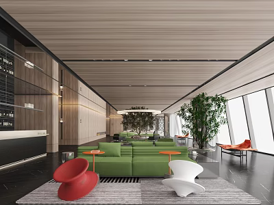 Modern Lounge Area Interior With Green Sofas Red White Chairs Large Windows And Plants 3d model