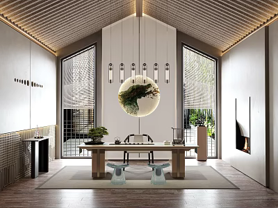 Modern Tea Room Interior Design With Tea Table Sets Natural Light And Green Plants 3d model