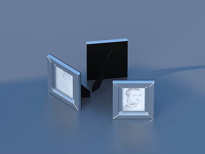 Silver And Black Picture Frames Displaying Portrait Photos On Blue Background 3d model