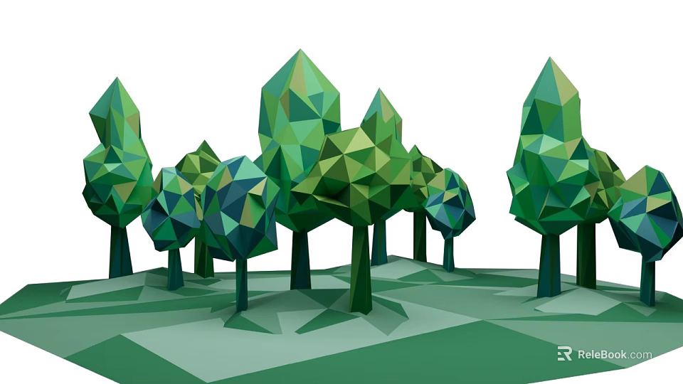 Art Installation of Low Poly Trees with Geometric Shapes in Green and Blue Colors 3d model 