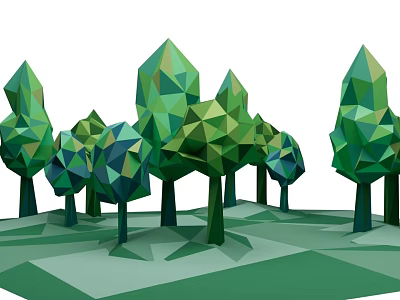 Art Installation of Low Poly Trees with Geometric Shapes in Green and Blue Colors 3d model