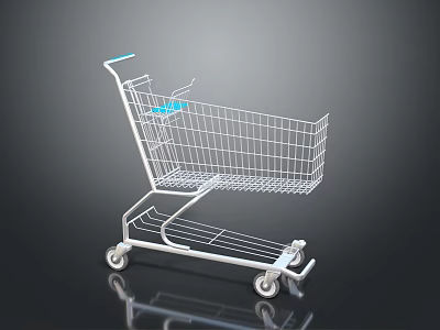 Metallic Shopping Cart With Wireframe Basket Blue Handle And Rolling Wheels Design 3d model