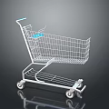 Metallic Shopping Cart With Wireframe Basket Blue Handle And Rolling Wheels Design