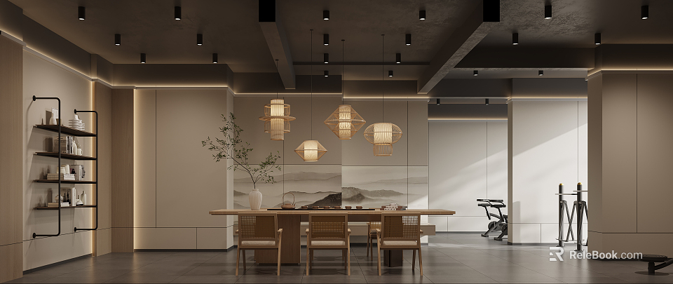 Modern Chinese Style Lounge Area With Wooden Table And Lanterns 3d model 