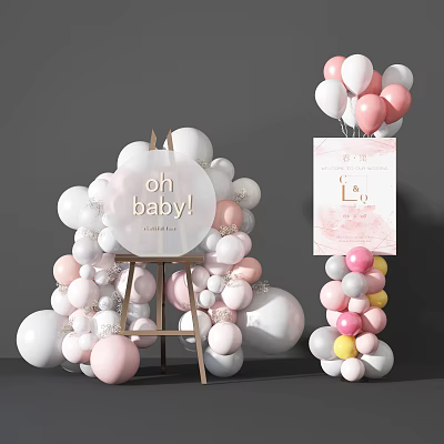 Pastel Pink White Baby Shower Decorations With Balloons Arch And Oh Baby Sign 3d model