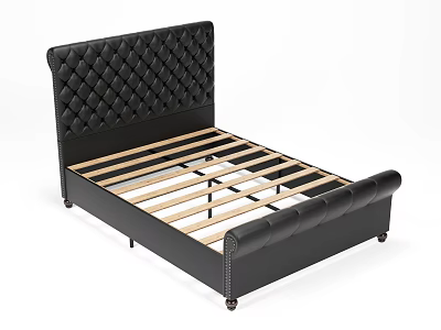 Black Leather Bed Frame with Tufted Headboard and Rolled Footboard and Wooden Slats Support 3d model