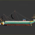 Traditional Sailing Watercraft with Blue White Striped Sails Wooden Deck and Colorful Hull