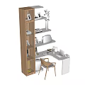 Modern Wooden Desk With Bookshelf Photo Books Red Flower Vase Laptop Backpack And Chairs
