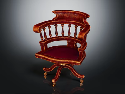 Vintage Red Accent Chair With Carved Armrests And Velvet Seat On Wheeled Base 3d model