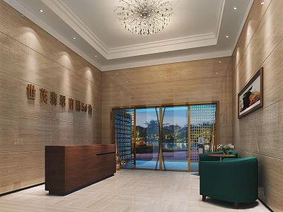 Elegant Hotel Lobby Interior Design With Wooden Reception Desk Crystal Chandelier And Glass Doors 3d model