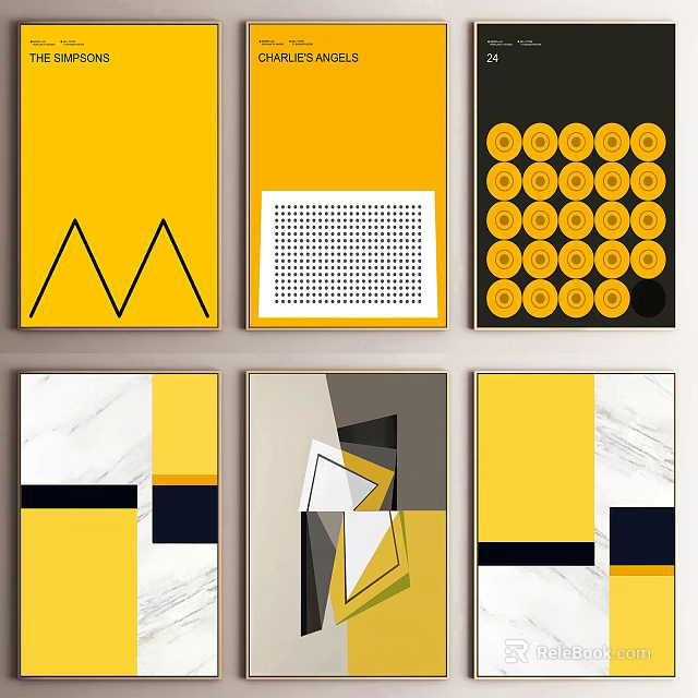 Modern Abstract Paintings Yellow Black White Gray Triangles Rectangles Circles And Marble Texture Design 3d model