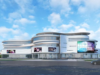 Modern Commercial Complex With Glass Curtain Wall Large Digital Screens And Blue Sky 3d model