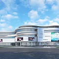 Modern Commercial Complex With Glass Curtain Wall Large Digital Screens And Blue Sky