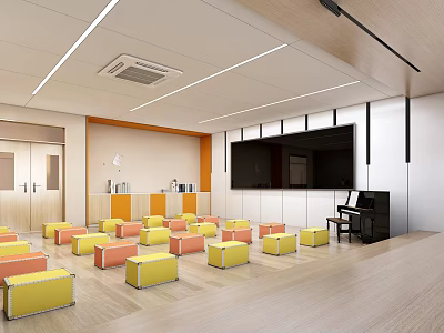 School Modern Activity Room with Colorful Stools Large Screen Piano and Wooden Floors 3d model