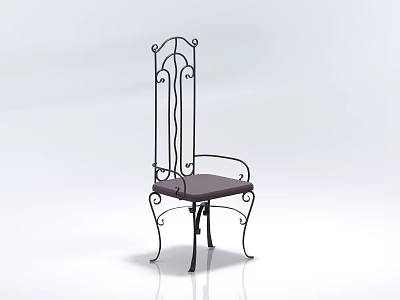 Vintage Iron Frame Dining Chair With High Backrest Decorative Curved Lines And Purple Padded Seat 3d model