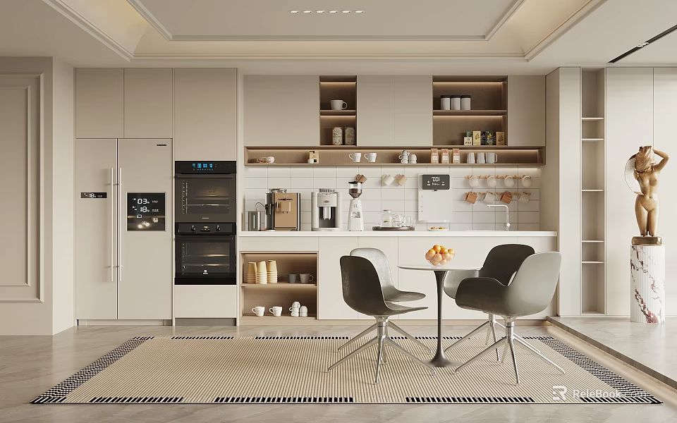 Modern Pantry Interior Design With White Cabinets Coffee Machine And Dining Chairs 3d model