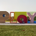 Outdoor Playground Equipment with Colorful PLAY Letter Structures and Kids Playing on Grass