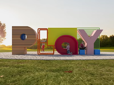 Outdoor Playground Equipment with Colorful PLAY Letter Structures and Kids Playing on Grass 3d model