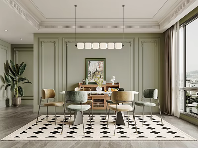Dining Room Featuring Green Walls White Pendant Lights Wooden Table and Black White Geometric Rug 3d model