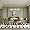 Dining Room Featuring Green Walls White Pendant Lights Wooden Table and Black White Geometric Rug