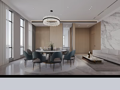 Luxurious Private Dining Room With Round Table Chandelier Sofa And Marble Wall 3d model