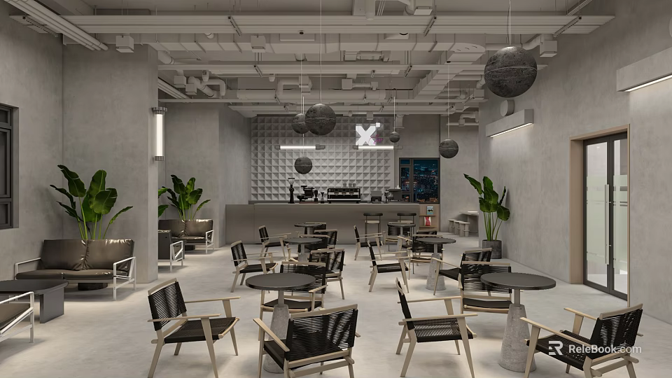 Industrial Style Café Interior Featuring Gray Walls Green Plants Round Pendant Lights And Black Furniture 3d model 