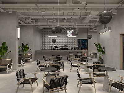 Industrial Style Café Interior Featuring Gray Walls Green Plants Round Pendant Lights And Black Furniture 3d model