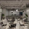 Industrial Style Café Interior Featuring Gray Walls Green Plants Round Pendant Lights And Black Furniture
