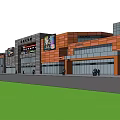Modern Commercial Street With Orange Buildings Glass Facades And Pedestrians