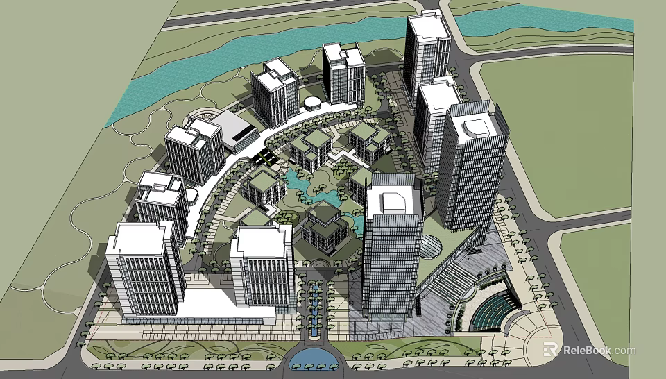 Modern Office Buildings Complex With Green Spaces Water Features And Plaza Design 3d model 