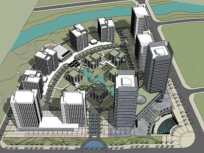 Modern Office Buildings Complex With Green Spaces Water Features And Plaza Design 3d model