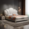 Modern Bedroom Interior With White Shell Shaped Headboard Golden Legs Striped Pillows And Nightstands