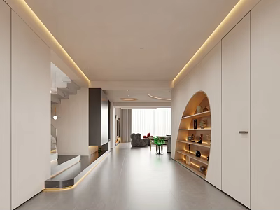 Modern Duplex Living Room With Open Space Recessed Lighting And Arched Bookshelf 3d model