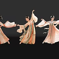 Game And Movie Character Three Female In Traditional Clothing With Flowing Sleeves Long Skirts Dancing