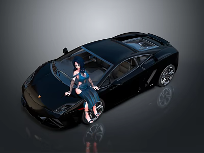 Black Sports Car With Woman In Blue Dress Leaning On Door 3d model