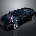 Black Sports Car With Woman In Blue Dress Leaning On Door