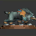 Mythical Blue Spotted Creature with Ornamental Gear Standing on Orange Circular Stone Platform