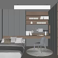 Modern Tatami Bedroom Interior Design With Gray Cabinets Built in Bookshelves Desk And Chair