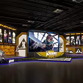 Gaming Character Display Area With Large Screen Figurine Cases Industrial Ceiling Pipes And Kamon Logo
