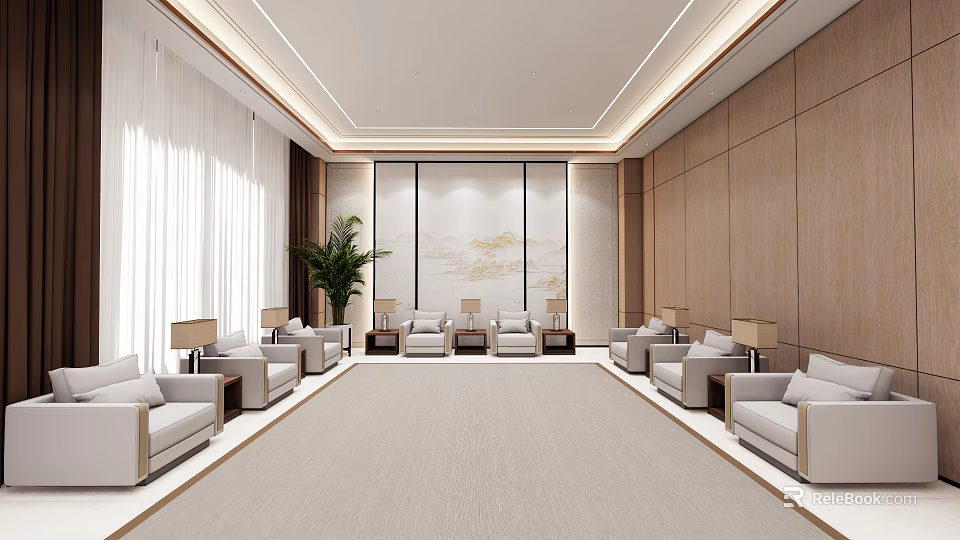 Modern Spacious Conference Room With Beige Sofas Light Carpet Plants And Wall Art 3d model 