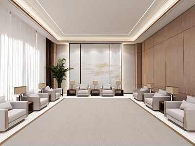 Modern Spacious Conference Room With Beige Sofas Light Carpet Plants And Wall Art 3d model