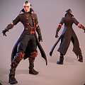 Futuristic Character 3D Model With Long Coat Red Accents Black Boots And Armor Details