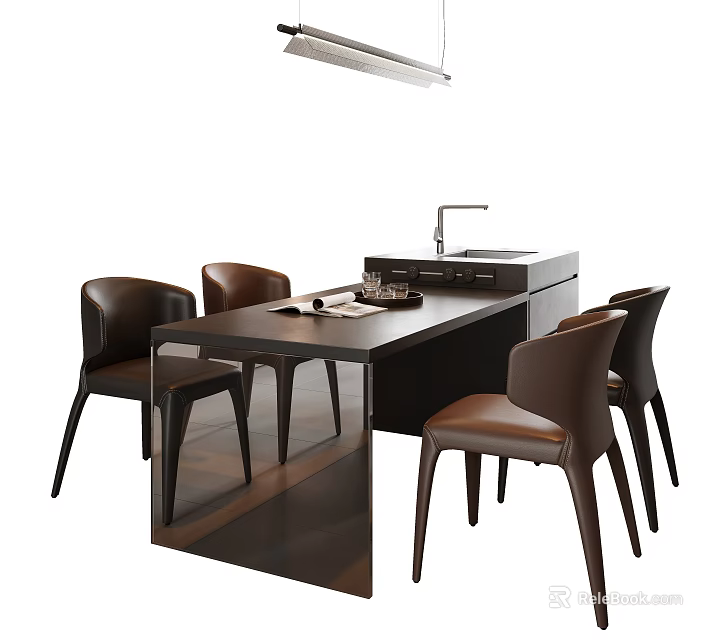 Modern Dark Wood Dining Table Set With Four Brown Leather Chairs And Hanging Pendant Light 3d model 