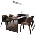 Modern Dark Wood Dining Table Set With Four Brown Leather Chairs And Hanging Pendant Light