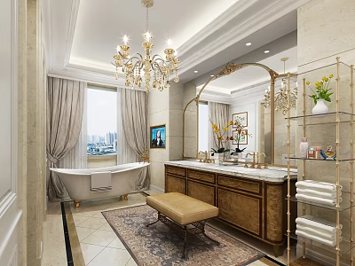 Elegant Luxurious Classic European Bathroom Featuring Freestanding Bathtub Golden Chandelier And Double Marble Wash Vanity 3d model