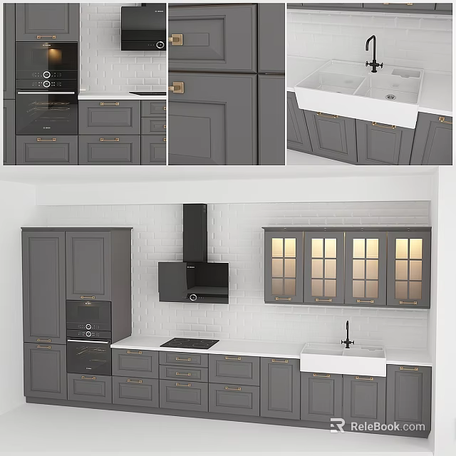 Modern Kitchen With Grey Cabinets White Countertop Black Range Hood And Glass Doors 3d model 
