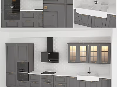 Modern Kitchen With Grey Cabinets White Countertop Black Range Hood And Glass Doors 3d model