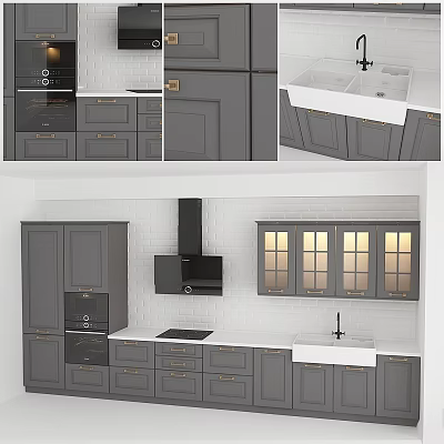 Modern Kitchen With Grey Cabinets White Countertop Black Range Hood And Glass Doors 3d model