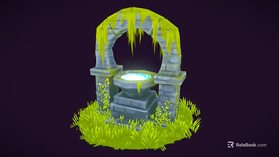 Cartoon Scene Of Moss Covered Stone Arch With Glowing Pool On Pedestal And Green Grass 3d model 