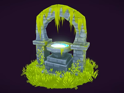 Cartoon Scene Of Moss Covered Stone Arch With Glowing Pool On Pedestal And Green Grass 3d model